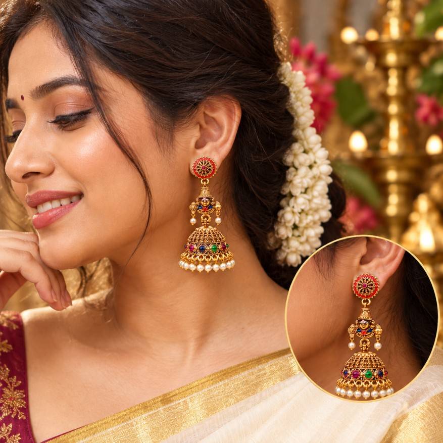 Multi-Color Navaratna Stones & Pearl Temple Jhumka